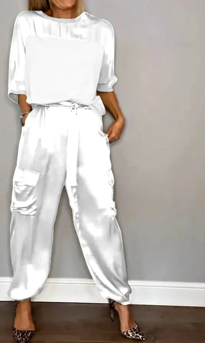 Women's Spring Summer Satin Two-Piece Set – Solid Color O-Neck Top & Loose Long Pants