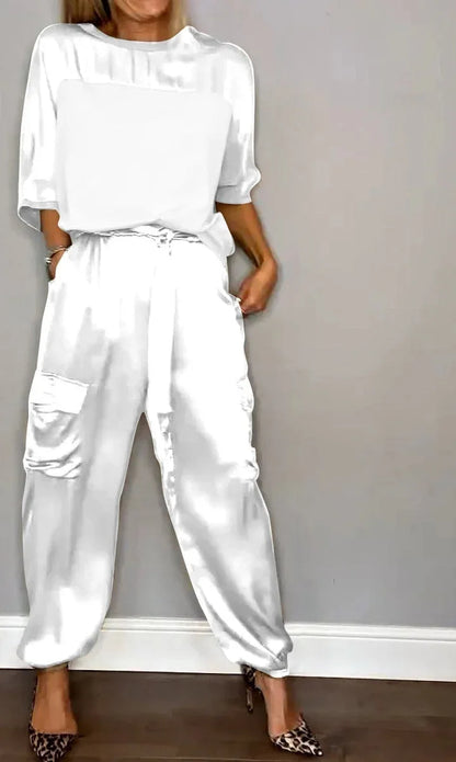 Women's Spring Summer Satin Two-Piece Set – Solid Color O-Neck Top & Loose Long Pants