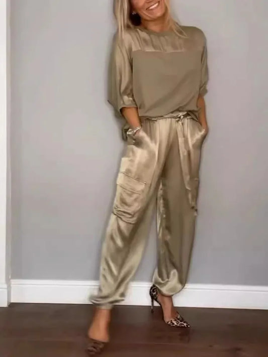 Women's Spring Summer Satin Two-Piece Set – Solid Color O-Neck Top & Loose Long Pants
