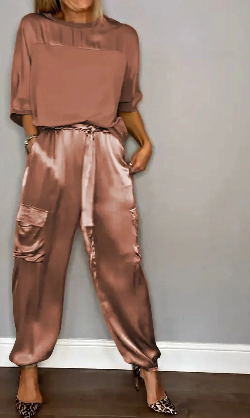 Women's Spring Summer Satin Two-Piece Set – Solid Color O-Neck Top & Loose Long Pants
