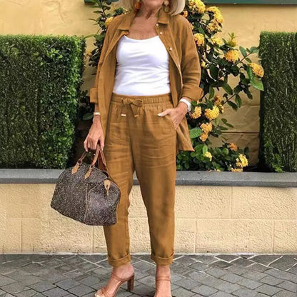 Cotton Linen 2-Piece Set for Women – Spring/Summer Loose Fit Long Sleeve Shirt & Trousers Suit