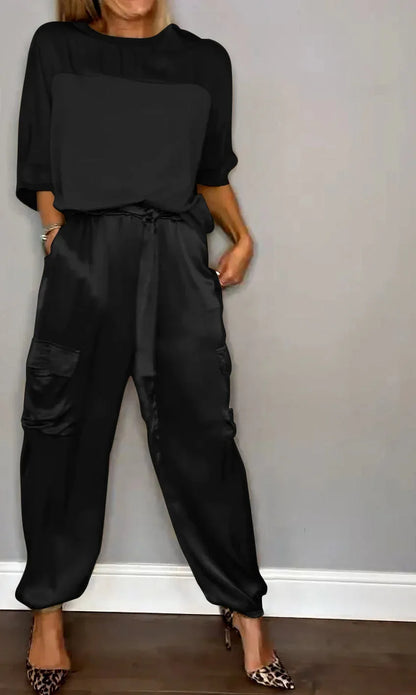 Women's Spring Summer Satin Two-Piece Set – Solid Color O-Neck Top & Loose Long Pants