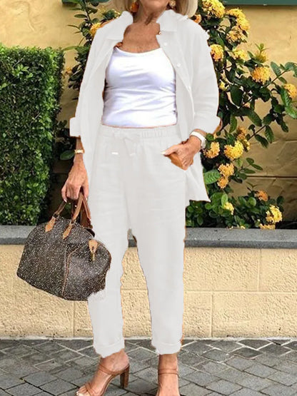 Cotton Linen 2-Piece Set for Women – Spring/Summer Loose Fit Long Sleeve Shirt & Trousers Suit